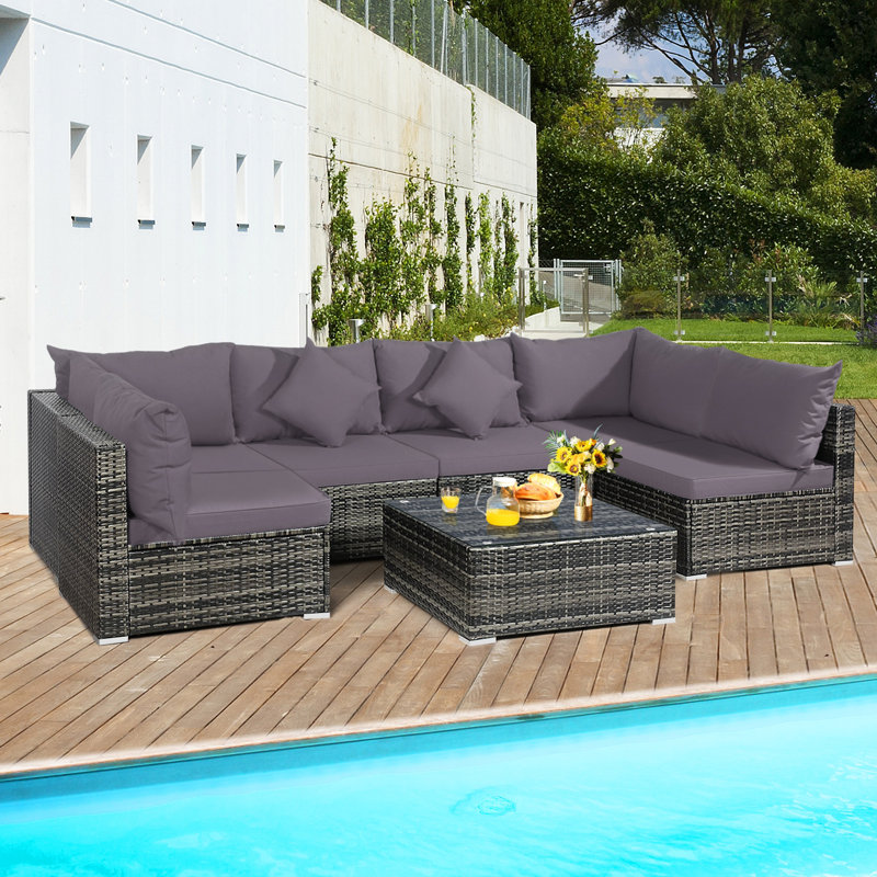 Ensemble de conversation modulaire en rotin 7 pièces avec coussins Amarjeet, gris