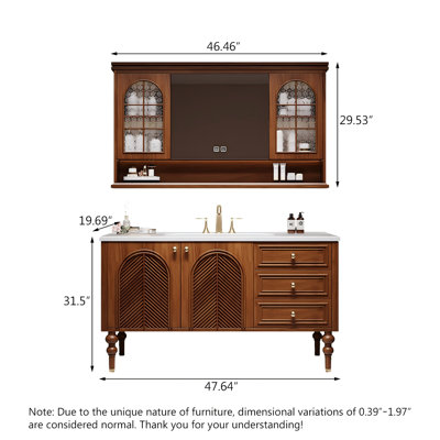 Meuble-lavabo autoportant Mid-Century en bois d'hévéa avec lavabo en céramique et armoire à pharmacie Smart
