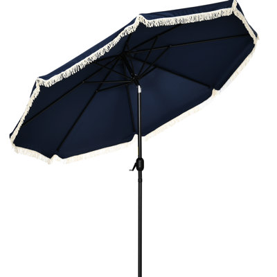 Parasol de patio bleu foncé de 9 pi avec pampilles, inclinaison à bouton-poussoir et manivelle pour terrasse extérieure, piscine, parasol de jardin, manivelle, terrasse de piscine