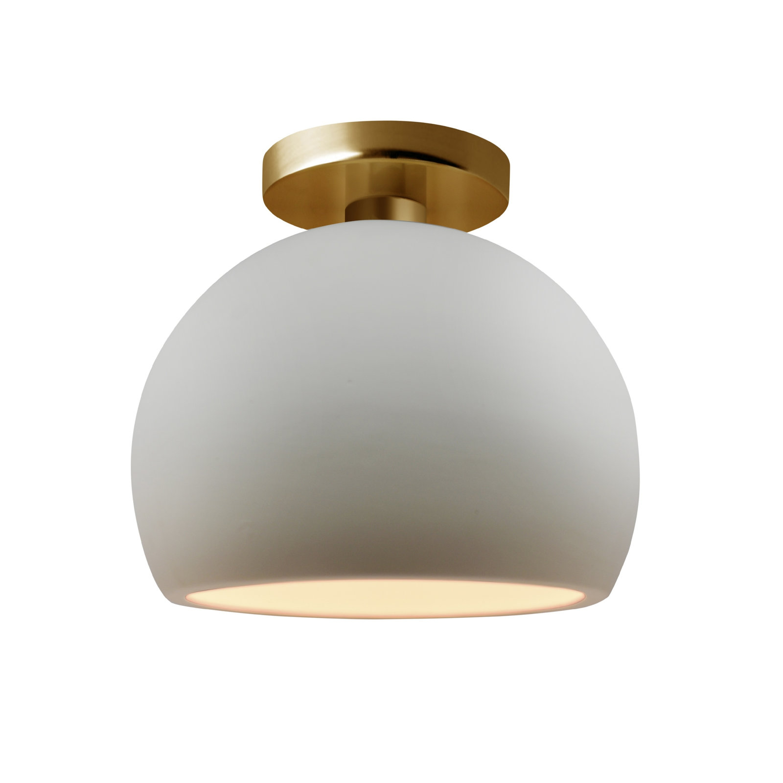 Single Light Ceramic LED Semi Flush Mount, 7" H x 7" W x 7" D, Bisque, Brushed Brass