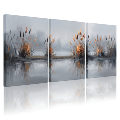 Ensemble de 3 tableaux sur toile « Reflets de roseaux » pour la décoration du salon et de la chambre.