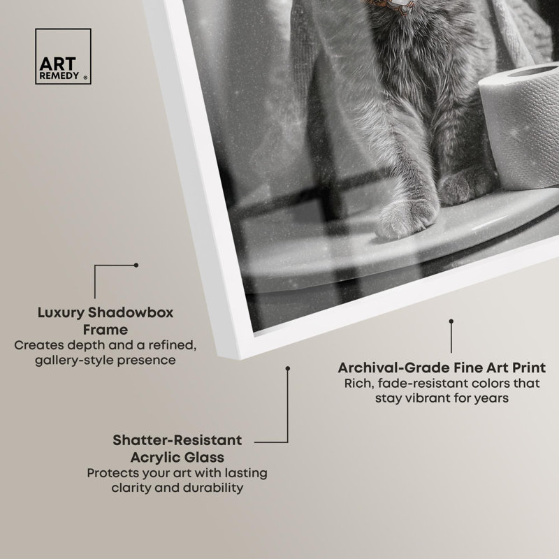 Cat Scarf Toilet Bathroom Decor Shadowbox Print by Art Remedy, 37" H x 25" W, White