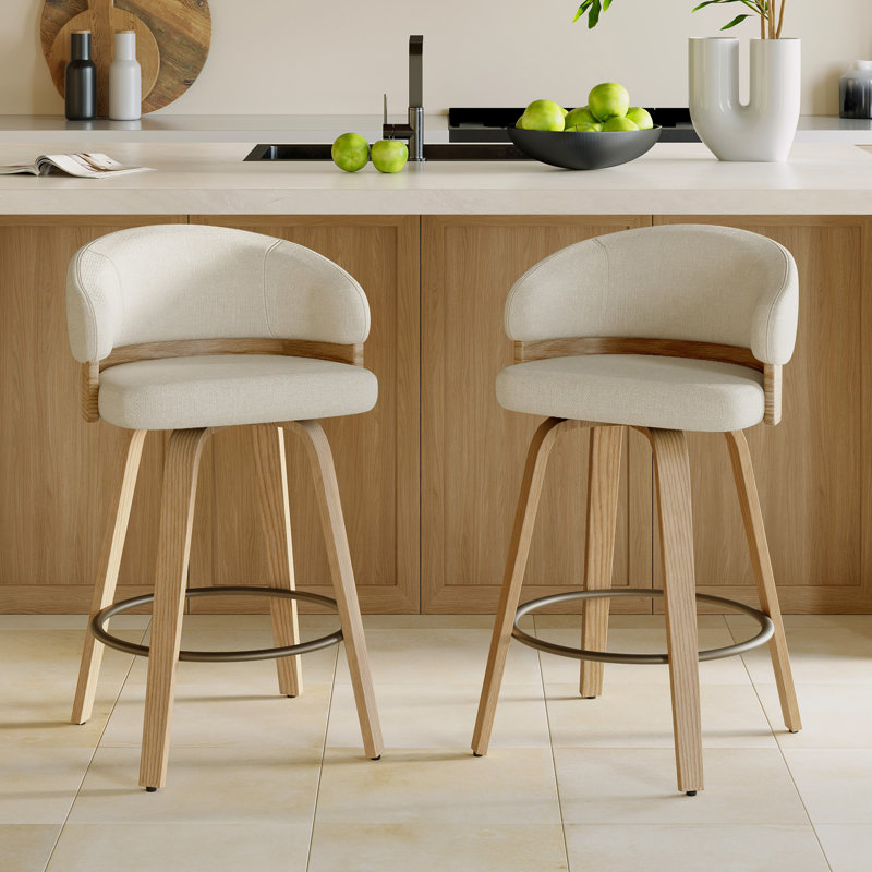 26'' Swivel Upholstered Counter Stool With Wood Frame, Beige Seat/Oak Frame , Counter Stool (26” Seat Height)