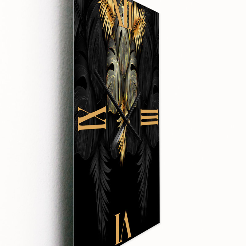 Horloge murale moderne à feuilles tropicales noires et dorées IV, Petit