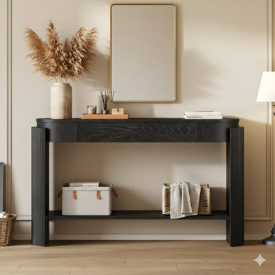 Entryway Table Showcasing A Natural Wood Grain Finish, Fluted Detailing, An Oval Top, And Two Drawers. Perfect For Entryways And Living Rooms. Color: Black.
