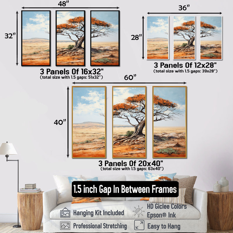 «African Desert Tree Survivor» - Art mural africain, Cadre flottant noir, H 40 po x l 61 po x P 1 po
