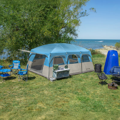 Tente d'extérieur Wakeman (L) 465 cm x (l) 335 cm x (H) 216 cm - Tente de camping 12 personnes avec double-toit, bleue et grise