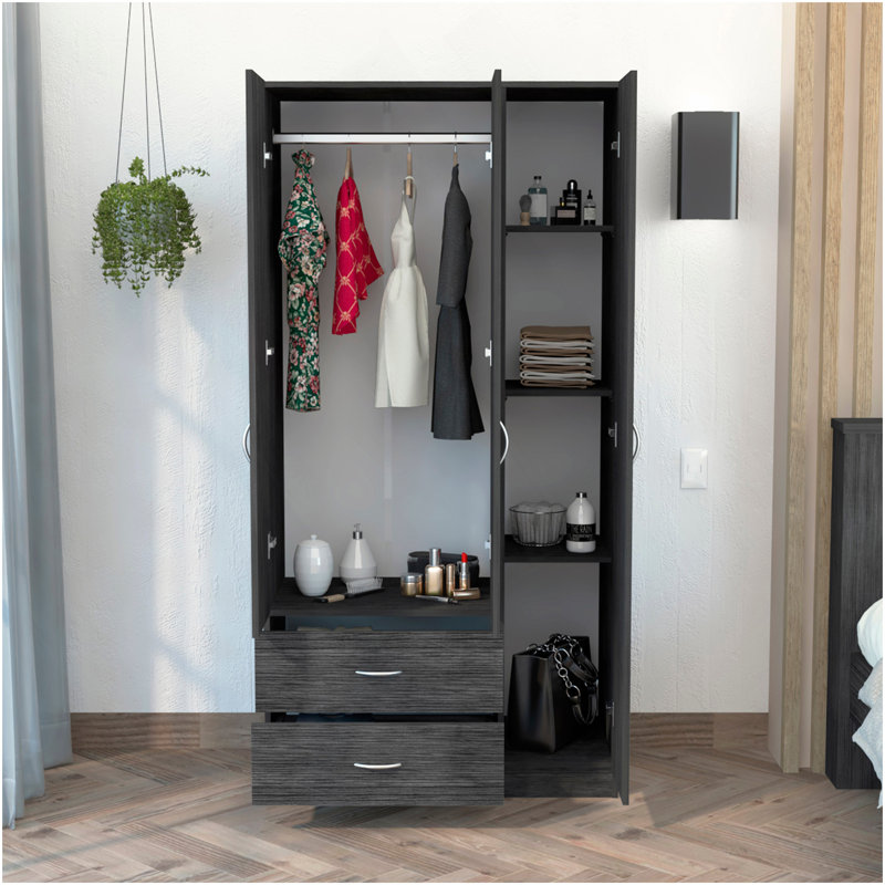 Armoire 3 portes avec deux tiroirs, tablettes et barre de suspension austral - gris fumé, Gris fumée