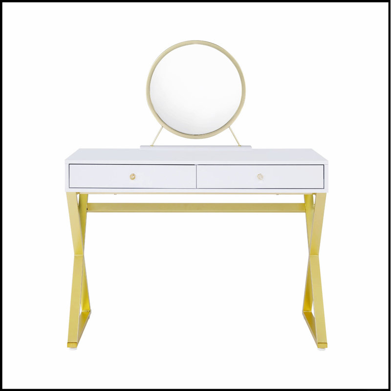 Bureau de coiffeuse rectangulaire avec miroir, plateau à bijoux et rangement spacieux pour une élégance et une fonctionnalité modernes.