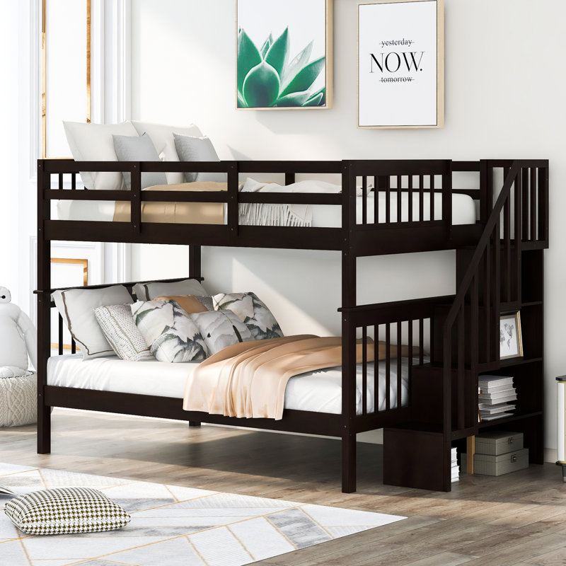 Lit superposé d'escalier avec rangement spacieux et garde-corps, parfait pour la chambre à coucher et le dortoir, offrant polyvalence et sécurité