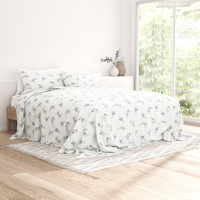 Ensemble de draps 100% coton, Bouquet de roses bleu clair, Ensemble de draps pour taille de lit très grand c