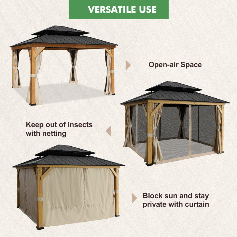 Eagle Peak 13x15 Cedar Wood Gazebo with Metal Roof and Curtains