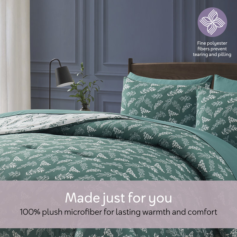Nestl Botanical Bed in a Bag 7 piece Comforter Set with Sheets & Pillow Shams, Gentle Pine/Cloudstone