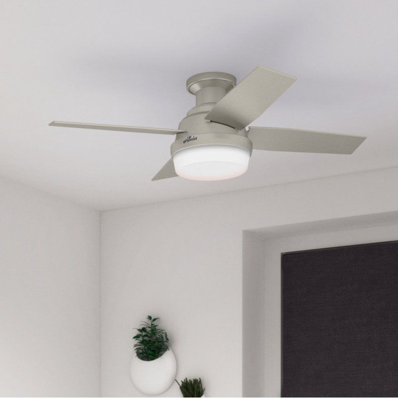44" Dempsey 4 - Blade Outdoor Flush Mount Ceiling Fan with Light Kit Included, Matte Nickel