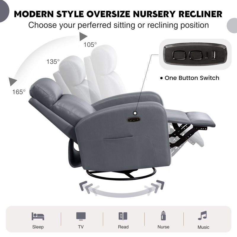 Gray Faux Leather Swivel Rocker Recliner with USB Port