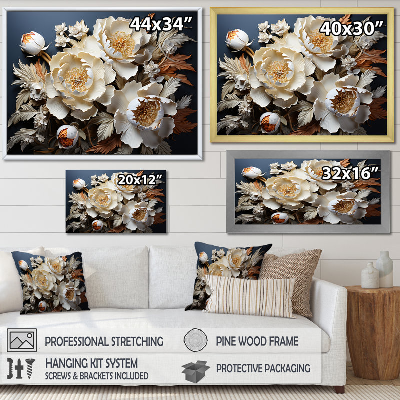 Pivoines dévoilées «I Blooms I» sur toile, H 12 po x l 20 po x P 1 po, Cadre flottant blanc