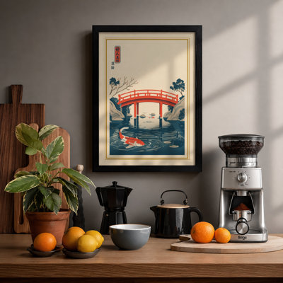 Red Bridge at Twilight Japandi - Framed Print