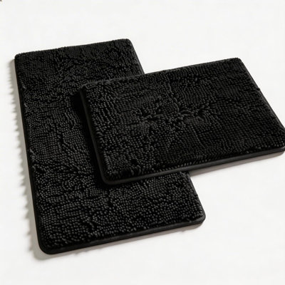 Ensemble de tapis de salle de bain en chenille épaisse 2 pièces, tapis de bain moelleux à séchage rapide avec envers en PVC antidérapant, noir