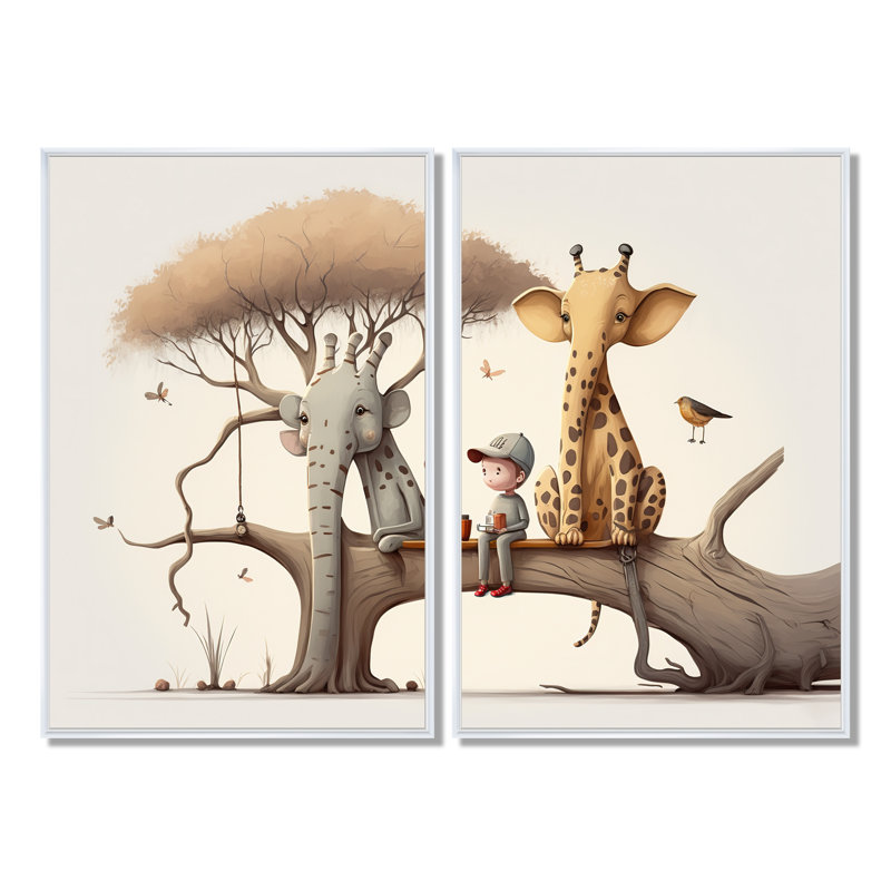 Giraffe And Elephant With Kids - Cream Canvas Prints, 36" H x 48" W, Impression encadrée flottante, White