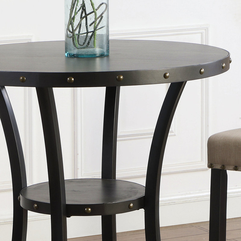 Table de bar ronde 3 pièces Biony avec 2 chaises de pub cloutées en tissu, Beige