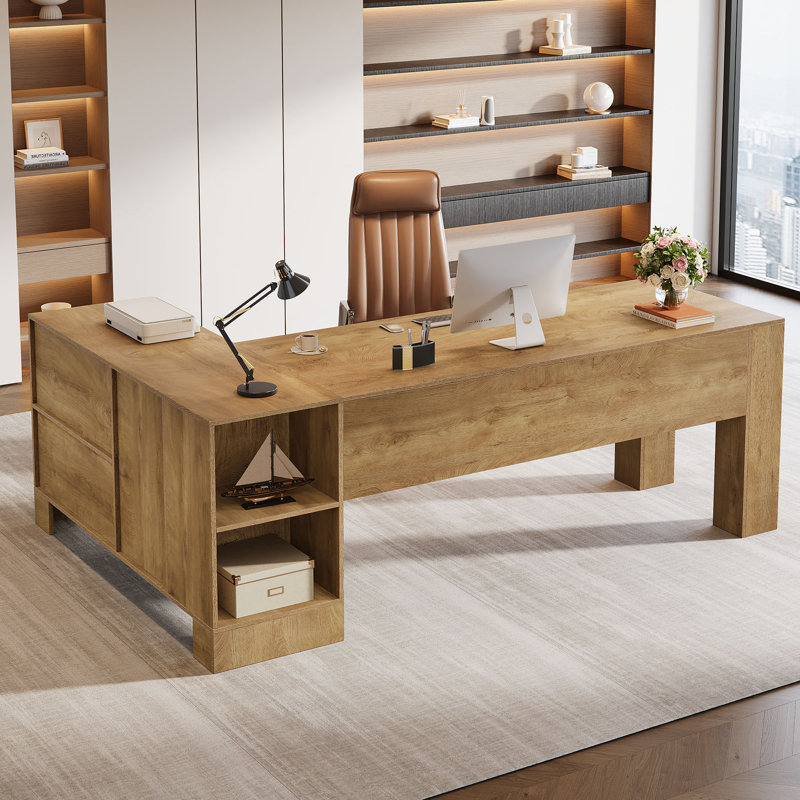  78.8" L Shaped Executive Desk with Storage Cabinets and 2-Tier Shelf