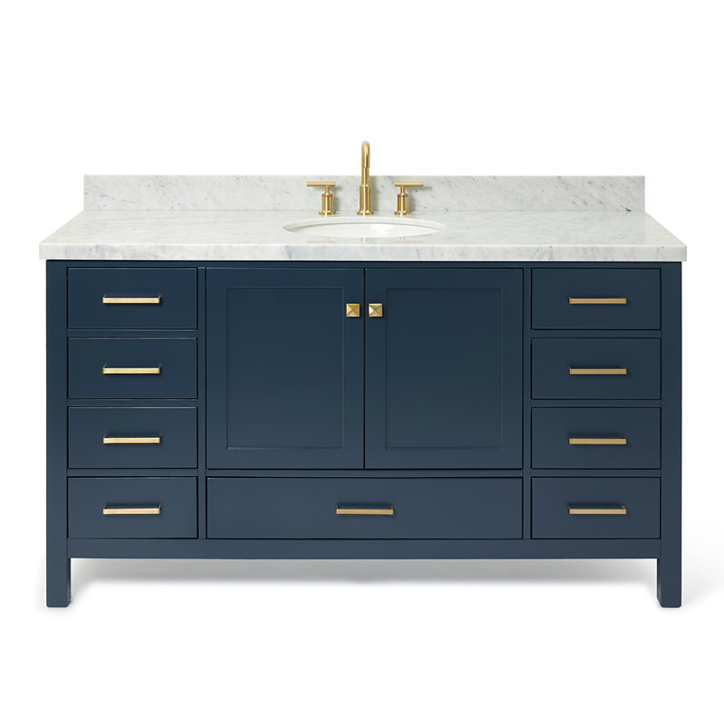 Cambridge 61'' Single Bathroom Vanity with Carrara Marble Top, Midnight Blue, Oval
