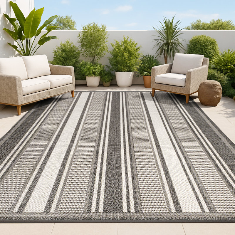 Lauchlyn Modern Double Stripe Black/Cream Indoor/Outdoor Rug, Rectangle 4' x 6'
