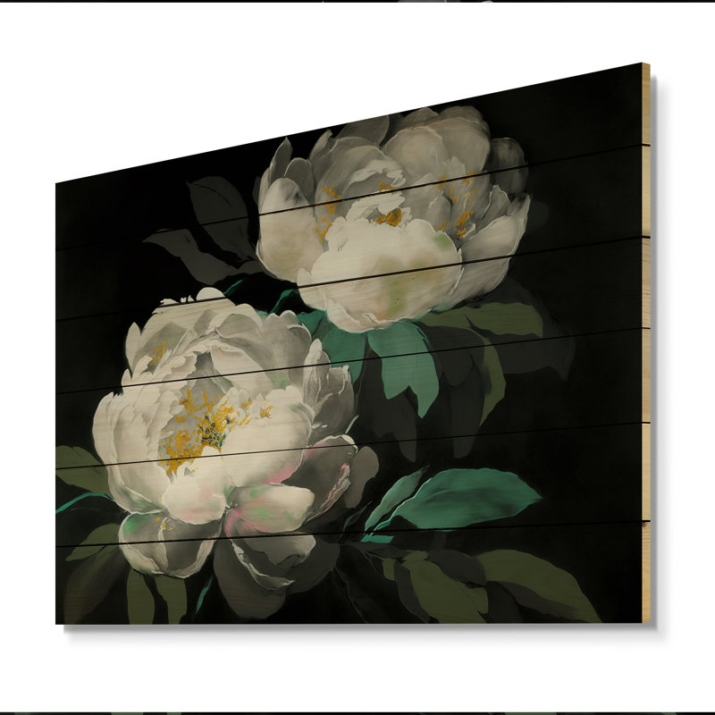 «Blooming White Peony IV», impression d'art mural en bois pivoine florale, H 12 po x l 20 po x P 1 po