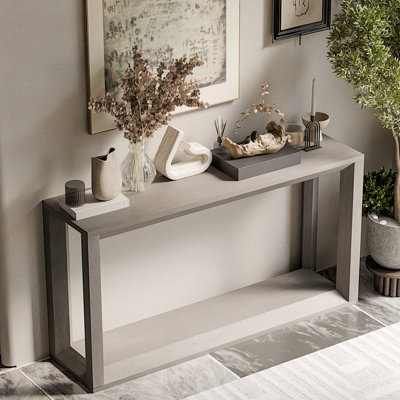 Console rectangulaire en placage de bois massif de 60 po, table large pour canapé derrière avec amplement de rangement dans le vestibule et le salon, gris vieilli, construction, plateau de table spacieux, rangement inférieur, rangement rapide