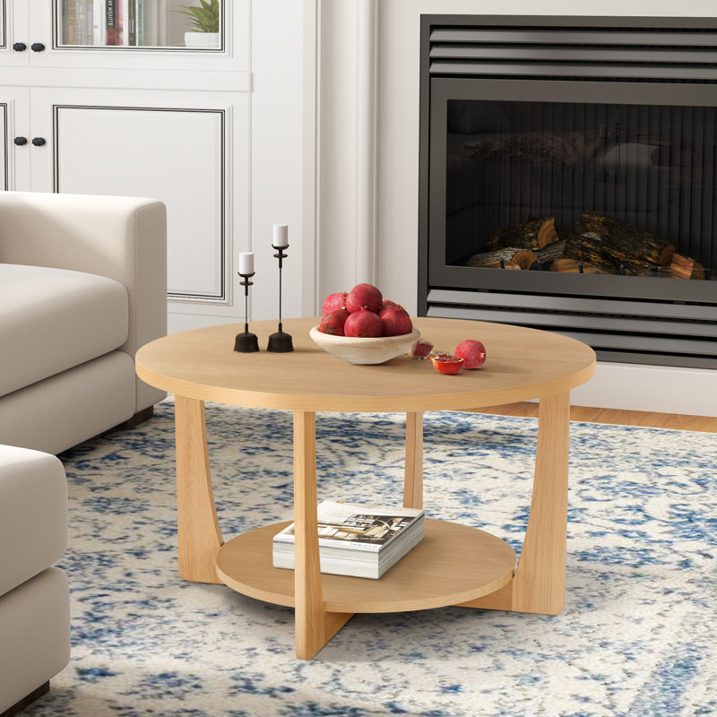 Natural Solid Pine Wood Round Coffee Table with 2-Tier Storage