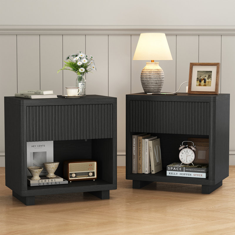 Adkins 24” W End Table With Storage And Charging Station, Solid Wood Side Table With Shelf, 2, Black