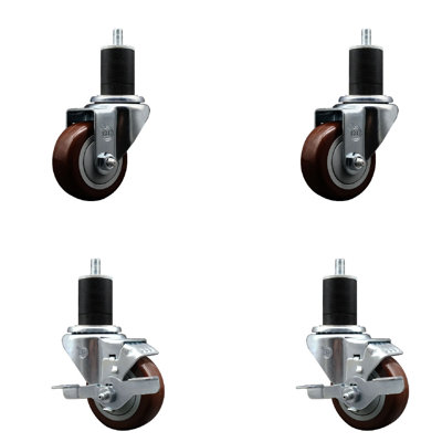 3 Inch Maroon Poly Wheel Swivel 1-3/4 Inch Expanding Stem Caster Set 2 Brakes SCC