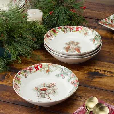 Woodland Set of 4 Soup Bowls — Wide, welcoming 40-ounce white stoneware bowls painted with winter woodland botanicals, crafted for every warming soup, bisque, and chowder of the season.