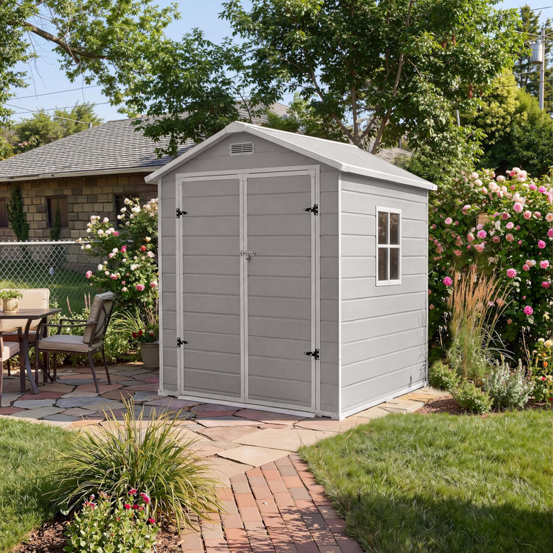 6x4 FT Outdoor Storage Shed with Floor, Window, Sloping Roof and Lockable Door for Patio, Backyard, Garden, Lawn Mower, Bike and Tool Storage