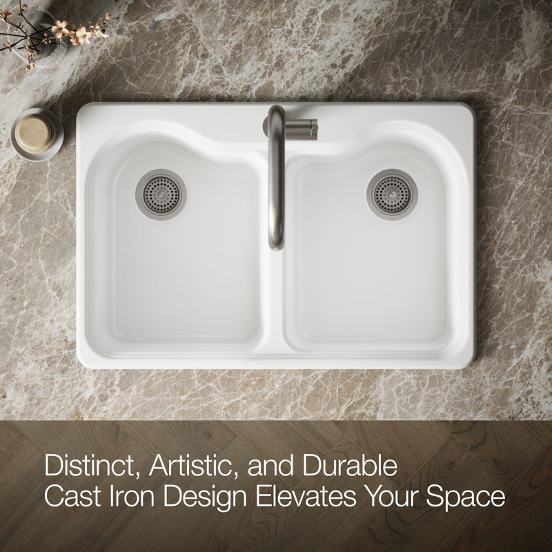 Hartland 33" L x 22" W x 9-5/8" Double Basin Drop-In Kitchen Sink, White, 1 Hole