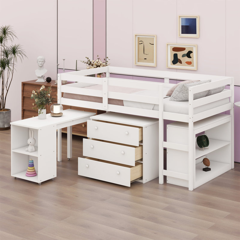Lit mezzanine bas avec tablette, tiroirs et bureau portatif à roulettes, Blanc