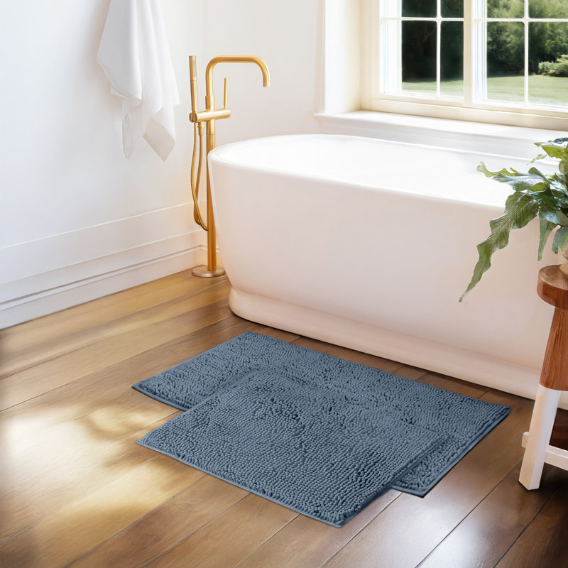 Soft Absorbent Chenille Bath Mat Rug with Anti-Skid Rubber Backing, Light Blue, Set of 2 - 24" L x 17" W | 34" L x 21" W