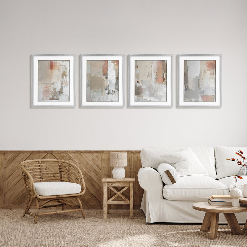 Layered Blush Abstracts, ensemble de 4 reproductions encadrées sous verre, design par Riley B, Cadre de ferme gris