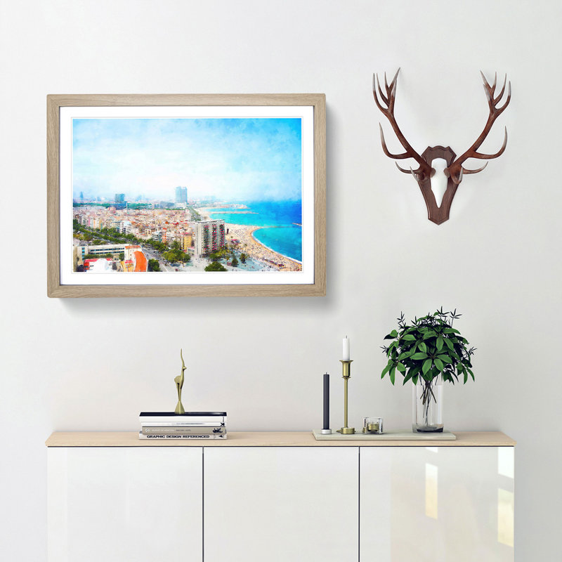 The Barcelona Skyline in Spain - Picture Frame Painting Print, Oak Framed, 33cm H x 45cm W x 2cm D