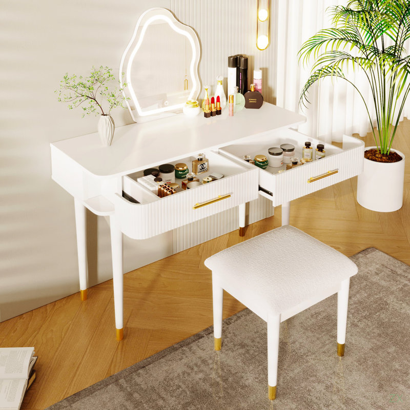 Ensemble de coiffeuse moderne 40 "avec miroir à écran tactile lumineux, coiffeuse et tabouret rembourré avec 2 grands tiroirs
