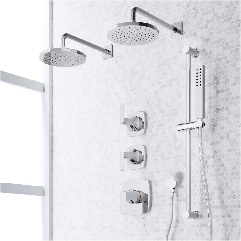 Sefina Thermostatic Shower System with Dual Showerheads, Slide Bar & Hand Shower - Brushed Nickel, Chrome