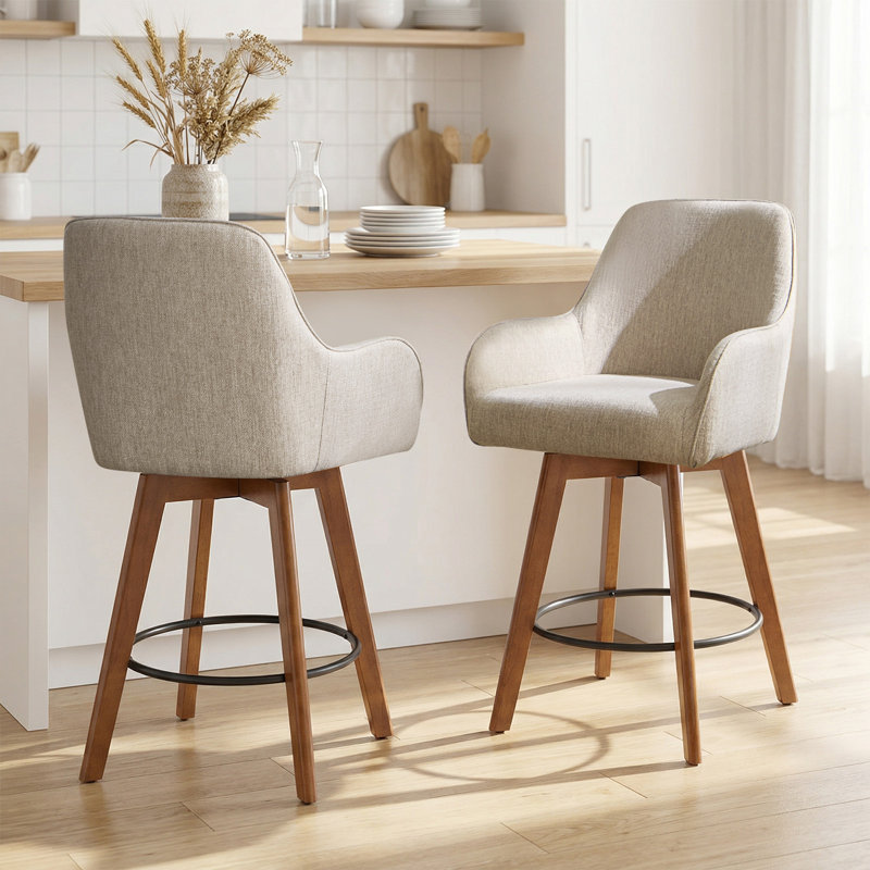 25" Swivel Upholstered Counter Stool with Solid Rubberwood Frame &  Full Back Arms, Brownish Beige