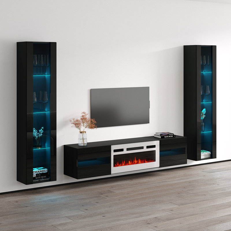 Breze 103.6" Modern Entertainment Center with Electric Fireplace, High Gloss Finish, Wall-Mounted, Black