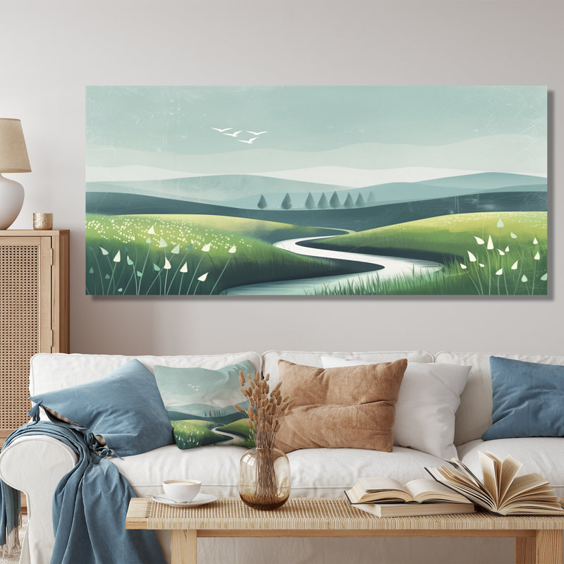 Étang vert gris Meadows en Toscane III - ferme, art mural salon, Toile tendue, H 28 po x l 60 po x P 1,5 po
