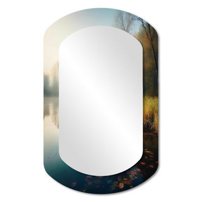 Morning Mist Over Early Autumn Forest Lake - Lake Cylinder Mirror, Blue Asymmetrical Decorative Wall Mirror, Printed Metal Art