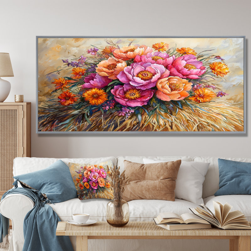 Été, bouquet de pivoines, art mural sur toile, Encadrement argenté, 16" H x 32" W