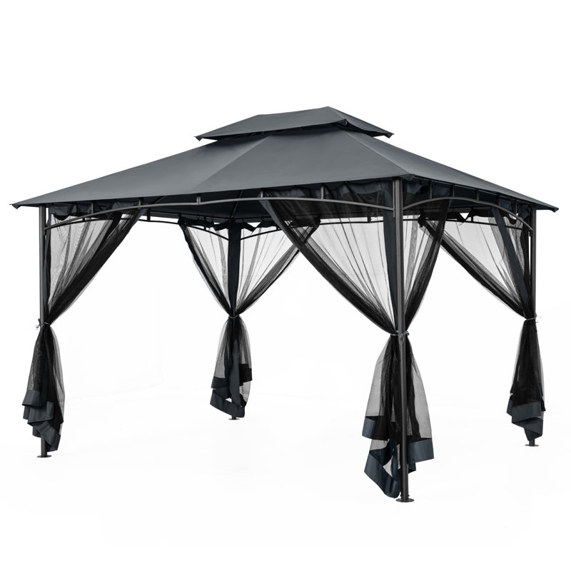 Double Roof Soft Top Metal Patio Gazebo With Netting, Grey, 112.6" H x 141.1" W x 117.5" D