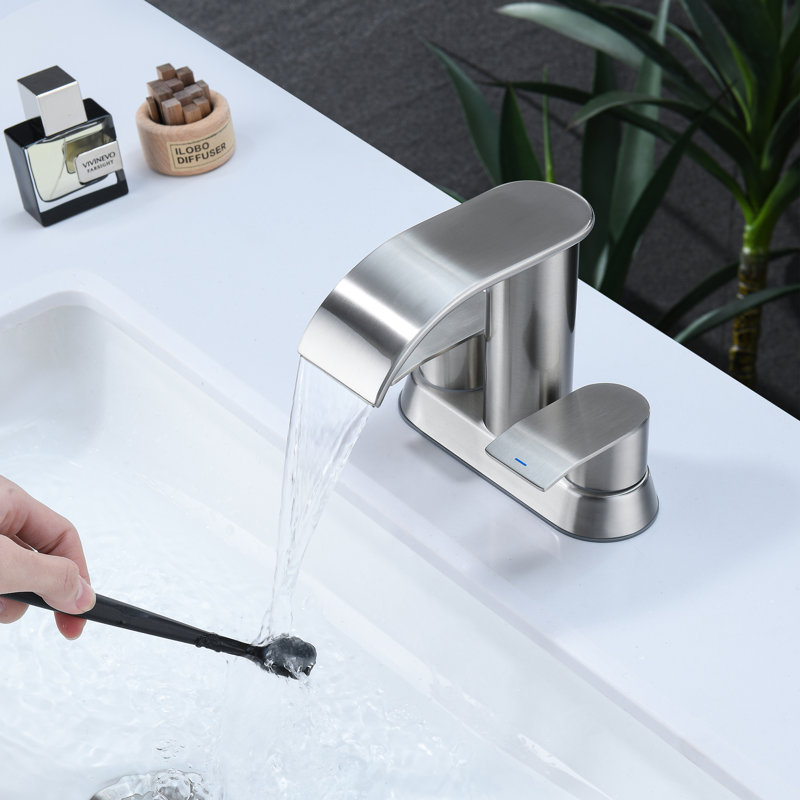 4" Centerset Double Handle Waterfall Bathroom Sink Faucet with Pop Up Drain, Brushed Nickel