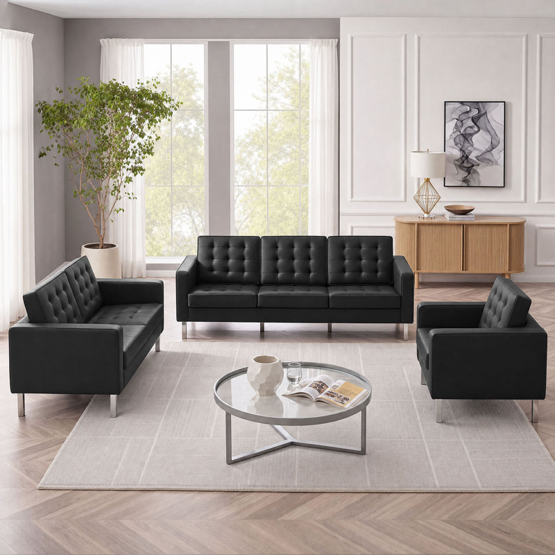 Ensemble de 3 pièces en similicuir capitonné Loft, Similicuir noir