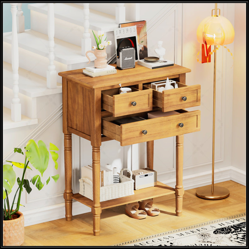 Console étroite avec trois tiroirs et une tablette inférieure, parfaite pour les petits espaces et le rangement